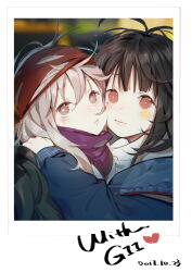 Rule 34 | 2girls, absurdres, bandana, black hair, blue jacket, blush, brown eyes, c-ms (girls&#039; frontline), character name, cheek-to-cheek, closed mouth, commentary, dated, dress, eighth note, english commentary, g11 (girls&#039; frontline), girls&#039; frontline, green jacket, grey hair, hair between eyes, heads together, heart, highres, hug, jacket, light smile, lips, long hair, long sleeves, looking at viewer, messy hair, mole, mole under eye, multiple girls, musical note, off shoulder, photo (object), purple scarf, red bandana, red eyes, scarf, shirt, sparkle, turtleneck, turtleneck dress, white dress, white shirt, xiao chichi