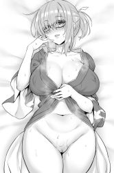 Rule 34 | 1girl, belly, blush, bottomless, breasts, cleavage, clitoral hood, collarbone, covered erect nipples, fate/grand order, fate (series), glasses, greyscale, hair over one eye, japanese clothes, kimono, large breasts, long sleeves, looking at viewer, lying, mash kyrielight, monochrome, navel, on back, parted lips, pussy, pussy juice, short hair, short ponytail, smile, solo, sweat, thighs, wide sleeves, zhen lu