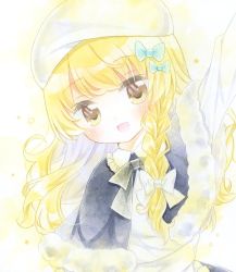 Rule 34 | 1girl, alternate costume, arm up, beret, blonde hair, blush, bow, bowtie, braid, brown eyes, capelet, commentary, fur trim, hair bow, happy, hat, kagome f, kirisame marisa, looking at viewer, open mouth, painting (medium), shawl, shikishi, side braid, smile, solo, star (symbol), touhou, traditional media, upper body, watercolor (medium)