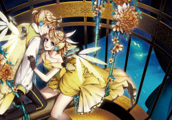 Rule 34 | 1boy, 1girl, beamed quavers, bird, black gloves, blonde hair, blue eyes, brother and sister, cage, dress, flat sign, flower, gloves, hair ornament, hairclip, hand on another&#039;s shoulder, kagamine len, kagamine rin, long sleeves, looking at viewer, musical note, ponytail, sheet music, short hair, siblings, sitting, smile, staff (music), suzunosuke (sagula), swing, twins, vocaloid, wings, yellow dress