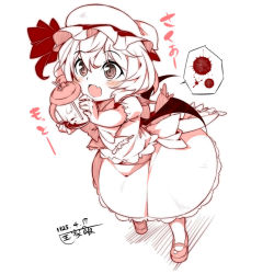 Rule 34 | 1girl, :d, aged down, bat wings, blood, blush, child, cup, dress, drinking straw, fang, female focus, full body, hat, kokka han, mary janes, monochrome, open mouth, remilia scarlet, shoes, short hair, short sleeves, simple background, sketch, smile, solo, touhou, translation request, white background, wings