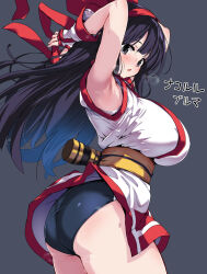 1girl ainu_clothes armpits arms_behind_head ass blush buruma fingerless_gloves gloves hair_ribbon highres hirowa_nagi huge_ass legs long_hair looking_at_viewer looking_back nakoruru open_mouth purple_eyes purple_hair ribbon samurai_spirits smile snk solo sweat the_king_of_fighters thick_thighs thighs tongue weapon