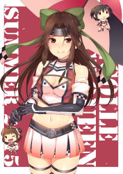 Rule 34 | 1girl, absurdres, adapted costume, bare shoulders, blush, bow, breasts, brown eyes, brown hair, character doll, cleavage, cleavage cutout, closed mouth, clothing cutout, gloves, gradient clothes, green bow, hair bow, headband, highres, holding, horosuke, jintsuu (kancolle), kantai collection, long hair, looking at viewer, medium breasts, midriff, miniskirt, naka (kancolle), navel, race queen, sendai (kancolle), shiny clothes, shiny skin, sidelocks, simple background, skirt, sleeveless, smile, standing, stomach, thighhighs, umbrella, zettai ryouiki