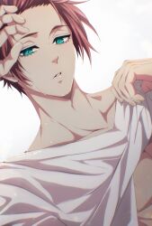 Rule 34 | 1boy, abs, absurdres, blue lock, clothes lift, commentary request, fingernails, green eyes, highres, itoshi sae, looking at viewer, male focus, may (illust man 2020), parted lips, red hair, shirt, shirt lift, short hair, solo, upper body, white background, white shirt