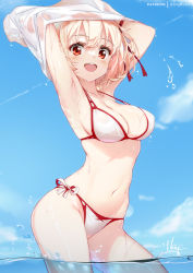 Rule 34 | 1girl, :d, armpits, arms up, belt, bikini, blonde hair, blue sky, blush, breasts, cloud, day, hair between eyes, hair ribbon, hong (white spider), large breasts, looking at viewer, lycoris recoil, navel, nishikigi chisato, open mouth, outdoors, red eyes, red ribbon, ribbon, see-through, see-through shirt, unworn shirt, short hair, sky, smile, swimsuit, two-tone bikini, wading, wet
