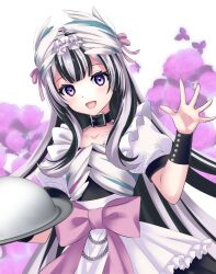 Rule 34 | 1girl, alternate costume, apron, fire emblem, fire emblem engage, frilled sleeves, frills, hashtag-only commentary, highres, holding, holding tray, kakiko210, maid apron, maid day, nintendo, open mouth, purple eyes, solo, tray, veyle (fire emblem)