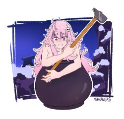Rule 34 | 1girl, artist name, breasts, cauldron, crmanzana, getting over it, hair between eyes, hair ornament, hammer, highres, hololive, hololive english, in cauldron, large breasts, long hair, messy hair, mori calliope, nude, parody, pink hair, red eyes, skull hair ornament, sledgehammer, solo, virtual youtuber