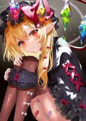 Rule 34 | 1girl, alternate costume, bandaid, bandaid on leg, black background, black dress, black hat, blonde hair, blush, bow, bow legwear, brown thighhighs, closed mouth, commentary, crossed bangs, crystal, dress, dress bow, ear piercing, earrings, eyelashes, feet out of frame, flandre scarlet, from side, gothic lolita, hair between eyes, hair bow, hat, highres, hoop earrings, hugging own legs, jewelry, leaning forward, legs together, lolita fashion, long hair, long sleeves, looking at viewer, mob cap, piercing, pointy ears, puffy long sleeves, puffy sleeves, red bow, red eyes, sakizaki saki-p, side ponytail, simple background, sitting, smile, solo, thighhighs, touhou, tsurime, twitter username, white bow, wings