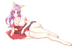 Rule 34 | 1girl, bad id, bad pixiv id, barefoot, blush, bow, breasts, cleavage, collared shirt, covered erect nipples, full body, hair bow, large breasts, legs together, long hair, looking at viewer, lying, non (z-art), on side, parted bangs, ponytail, purple hair, red eyes, shirt, short sleeves, simple background, solo, touhou, watatsuki no yorihime, white background