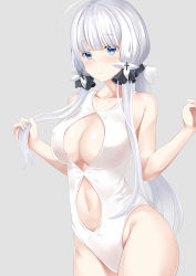 Rule 34 | 1girl, azur lane, blue eyes, breasts, casual one-piece swimsuit, cleavage, cleavage cutout, clothing cutout, cowboy shot, grey background, hair ornament, highres, illustrious (azur lane), kanata (kanade pa), large breasts, low twintails, navel, navel cutout, one-piece swimsuit, simple background, smile, solo, standing, swimsuit, tri tails, twintails, white hair, white one-piece swimsuit