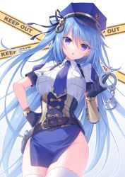 Rule 34 | 1girl, :o, black gloves, blue hair, blue hat, blue necktie, blue skirt, breasts, caution tape, collared shirt, commentary request, commission, cuffs, gloves, gradient background, grey background, groin, hair between eyes, hand on own hip, handcuffs, hat, highres, impossible clothes, keep out, long hair, medium breasts, necktie, one side up, original, outline, parted lips, peaked cap, pixiv commission, police, police hat, police uniform, policewoman, puffy short sleeves, puffy sleeves, purple eyes, sacraneco, shirt, short sleeves, skirt, solo, thighhighs, uniform, v-shaped eyebrows, very long hair, white background, white outline, white shirt, white thighhighs