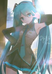 Rule 34 | 1girl, aqua eyes, aqua hair, aqua nails, aqua necktie, armpits, backlighting, bare shoulders, black skirt, black sleeves, closed mouth, commentary, contrapposto, cowboy shot, detached sleeves, grey shirt, hair ornament, hand up, hatsune miku, headphones, headset, highres, long hair, looking to the side, nail polish, necktie, outdoors, shirt, skirt, sleeveless, sleeveless shirt, solo, sunlight, takepon1123, thighhighs, tree, twintails, v, v over eye, very long hair, vocaloid, zettai ryouiki