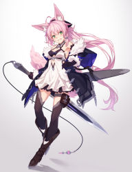 Rule 34 | 1girl, ahoge, animal ear fluff, animal ears, black gloves, black thighhighs, blush, boots, breasts, brown footwear, cleavage, detached sleeves, fantasy, full body, fur trim, gloves, gradient background, green eyes, grey background, highres, holding, holding sword, holding weapon, long hair, looking at viewer, medium breasts, original, pink hair, ponytail, smile, solo, sword, thighhighs, weapon, yachimoto