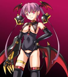 Rule 34 | 1girl, aoi masami, armor, bad id, bad pixiv id, bare shoulders, bat wings, between breasts, black aries, black gloves, black one-piece swimsuit, blush, breasts, buckle, capelet, claws, collar, dark persona, demon girl, demon tail, demon wings, djibril aries, elbow gloves, fang, gauntlets, gem, gloves, gradient background, groin, hand on own hip, head wings, jinno hikari, large breasts, long hair, looking at viewer, low wings, makai tenshi djibril, makai tenshi djibril 3, naughty face, one-piece swimsuit, pink eyes, purple hair, school swimsuit, school swimsuit flap, sidelocks, skindentation, smile, solo, standing, swimsuit, swimsuit costume, tail, thighhighs, thighlet, twintails, underboob, very long hair, wings