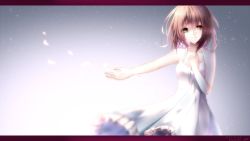 Rule 34 | 1girl, 2018, blurry, brown hair, closed mouth, dated, dress, frilled dress, frills, grey background, hair between eyes, highres, jun (sky ia 127 snow), long hair, looking at viewer, original, outstretched arm, petals, signature, sleeveless, sleeveless dress, smile, solo, standing, sundress, twitter username, white dress, yellow eyes