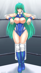 Rule 34 | 1girl, absurdres, aqua eyes, artist name, blue footwear, blue one-piece swimsuit, blush, boots, breast cutout, breasts, closed mouth, commission, competition swimsuit, full body, green hair, highres, knee boots, kochiya sanae, large breasts, long hair, looking at viewer, necktie, nipples, one-piece swimsuit, pixiv commission, shetake, signature, smile, solo, sweat, swimsuit, touhou, wide hips, yellow necktie