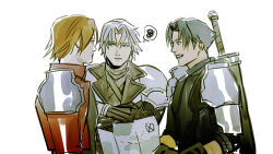 3boys angeal_hewley armor final_fantasy final_fantasy_vii final_fantasy_vii_ever_crisis genesis_rhapsodos green_eyes grey_hair highres map multiple_boys newb_ff7r parted_bangs pauldrons sephiroth sephiroth_(young) short_hair shoulder_armor tagme white_background