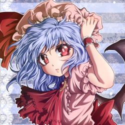 Rule 34 | 1girl, ascot, bat wings, blouse, blue background, blue hair, border, brooch, eyelashes, hand on headwear, hat, hat ribbon, jewelry, kamui setsuna, lace, lace border, lips, looking at viewer, mob cap, ornate border, parted lips, red eyes, remilia scarlet, ribbon, shirt, short hair, short sleeves, solo, striped, striped background, touhou, upper body, wings, wrist cuffs