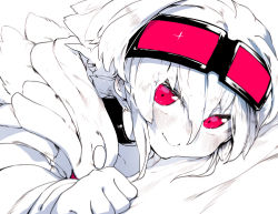 Rule 34 | 1girl, absurdres, blush, closed mouth, goggles, goggles on head, hair between eyes, highres, jacket, looking at viewer, lying, medium hair, niwamaru, niwarhythm, on stomach, original, partially colored, red eyes, simple background, smile, solo, white background, white hair