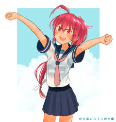 Rule 34 | 1girl, arms up, blue sailor collar, blue skirt, blue sky, cloud, commentary request, i-168 (kancolle), kantai collection, kitsuneno denpachi, long hair, looking at viewer, neckerchief, open mouth, pink neckerchief, ponytail, red eyes, red hair, round teeth, sailor collar, school uniform, see-through, serafuku, skirt, sky, smile, solo, standing, teeth, translation request, upper teeth only