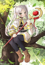 Rule 34 | 1girl, absurdres, belt, black pantyhose, blush, boots, brown footwear, capelet, dangle earrings, dress, earrings, elf, frieren, green eyes, highres, holding, holding staff, humany, in tree, jewelry, long hair, long sleeves, looking at viewer, open mouth, outdoors, pantyhose, parted bangs, pointy ears, shirt, sitting, sitting in tree, solo, sousou no frieren, staff, striped clothes, striped shirt, tree, twintails, white capelet, white hair