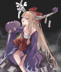 Rule 34 | 1girl, :d, absurdres, alternate costume, alternate eye color, blush, bow, brown eyes, brown horns, chain, commentary request, drunk, earrings, feet out of frame, flat chest, gourd, hair bow, highres, holding, horn bow, horn ornament, horns, ibuki suika, japanese clothes, jewelry, kani nyan, kimono, long hair, looking at viewer, obi, open mouth, pointy ears, purple bow, purple kimono, red bow, red sash, sarashi, sash, sidelocks, smile, solo, touhou, very long hair