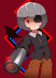 Rule 34 | 0mzum1, 1boy, arm cannon, bat wings, black shirt, black wings, blue eyes, brown pants, closed mouth, collared shirt, commentary request, detached wings, expressionless, eyepatch, grey headwear, helmet, long sleeves, looking at viewer, male focus, masked man (mother 3), mother (game), mother 3, nintendo, one eye covered, orange hair, pants, red background, shirt, short hair, simple background, single wing, solo, weapon, wing collar, wings, zipper pull tab