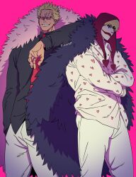 Rule 34 | 2boys, annoyed, bad id, bad twitter id, balnom, blonde hair, brothers, coat, crossed arms, donquixote doflamingo, donquixote rocinante, earrings, feather coat, feet out of frame, fur coat, grin, heart, heart print, highres, jewelry, makeup, male focus, multiple boys, one piece, pink background, pink coat, red hood, red lips, short hair, siblings, smile, standing, sunglasses, tinted eyewear, veiny face, white-framed eyewear