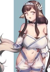 Rule 34 | 1girl, absurdly long hair, ainu clothes, animal ears, aquaplus, bare shoulders, breasts, brown hair, cameltoe, choker, cleavage, cleavage cutout, clothing cutout, collarbone, cowboy shot, crop top, detached sleeves, hairband, highres, hip vent, huge breasts, imawanaki, leaning forward, legs together, long hair, looking to the side, low-tied long hair, midriff, minagi (utawarerumono), open mouth, panties, pantyshot, purple eyes, raised eyebrows, shiny skin, sidelocks, sleeveless, solo, swimsuit, tail, thighs, underwear, utawarerumono, utawarerumono: lost flag, very long hair
