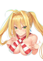Rule 34 | 1girl, absurdres, ahoge, bikini, blonde hair, blush, breasts, commentary request, criss-cross halter, earrings, fate/grand order, fate (series), green eyes, hair intakes, halterneck, highres, jewelry, large breasts, long hair, looking at viewer, nero claudius (fate), nero claudius (fate) (all), nero claudius (swimsuit caster) (fate), red bikini, revision, simple background, smile, solo, striped bikini, striped bikini top, striped clothes, swimsuit, twintails, upper body, white background, xiao miao