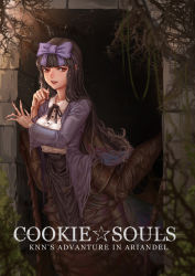 Rule 34 | 1girl, absurdres, arthropod girl, black hair, black skirt, blunt bangs, bow, breasts, brick, brown eyes, collared shirt, commentary request, cookie (touhou), crossover, d tomoki, dark souls (series), dark souls iii, english text, extra legs, full body, hair bow, highres, jacket, long hair, looking to the side, medium breasts, monster girl, open mouth, plant, purple bow, purple jacket, shirt, shirt tucked in, shunga youkyu, skirt, solo, standing, star (symbol), star sapphire, sunlight, teeth, torn clothes, torn jacket, torn skirt, touhou, upper teeth only, vines, white shirt