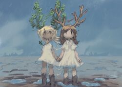Rule 34 | 2girls, antlers, blonde hair, blue sky, brown eyes, brown hair, capelet, closed mouth, dot mouth, dress, dripping, highres, holding hands, horns, kezuru, medium hair, mud, multiple girls, one side up, original, outdoors, puddle, rain, ripples, shipwreck, short sleeves, silhouette, sky, standing, straight-on, wet floor, white capelet, white dress, | |