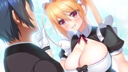 Rule 34 | 1girl, aizawa kokoro, blonde hair, blush, breasts, cleavage, clenched teeth, eyebrows hidden by hair, faceless, faceless male, frills, game cg, gloves, index finger raised, large breasts, long hair, looking at another, maid, maid headdress, original, red eyes, satofuji masato, simple background, smile, teeth, twintails, upper body, wannabe creators