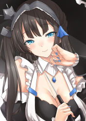 Rule 34 | 1girl, apron, asya, azur lane, black background, blue eyes, blue nails, blush, breasts, brown hair, cleavage, closed mouth, detached collar, detached sleeves, dress, frills, hair ornament, hairband, hand up, head tilt, highres, jewelry, juliet sleeves, long hair, long sleeves, looking at viewer, maid, medium breasts, nail polish, newcastle (azur lane), pendant, puffy sleeves, ribbon, sidelocks, simple background, smile, solo, umbrella, upper body