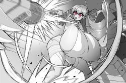 Rule 34 | 1girl, attack, breasts, claw (weapon), claws, fate/grand order, fate (series), feet out of frame, gigantic breasts, hair ribbon, highres, leaning forward, long hair, masked agent, monochrome, o-ring, o-ring top, passionlip (fate), pink eyes, red eyes, ribbon, rocket punch, sideboob, solo, spot color, very long hair, weapon