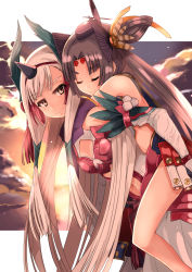 Rule 34 | 2girls, armor, armored dress, asymmetrical sleeves, bare shoulders, belt, black gloves, black hair, blush, breasts, carrying, cleavage, cleavage cutout, closed eyes, clothing cutout, detached sleeves, dress, fate/grand order, fate (series), feather hair ornament, feathers, gloves, hair bun, hair ornament, haku (grimjin), hat, highres, horns, japanese armor, kiichi hougen (fate), long hair, looking at viewer, medium breasts, mismatched sleeves, multiple girls, navel, navel cutout, orange eyes, parted bangs, pointy ears, red armor, side bun, side ponytail, sidelocks, single hair bun, single side bun, sleeping, smile, tassel, thighs, ushiwakamaru (fate), very long hair, white dress, white hair, wide sleeves