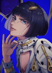 Rule 34 | 1boy, absurdres, black hair, blue eyes, blunt bangs, blurry, bob cut, bruno bucciarati, closed mouth, clothing cutout, eyelashes, fingernails, hair ornament, highres, jojo no kimyou na bouken, looking at viewer, male focus, patterned, patterned clothing, pectorals, pili 0, smile, solo, turtleneck, upper body, vento aureo, zipper, zipper pull tab