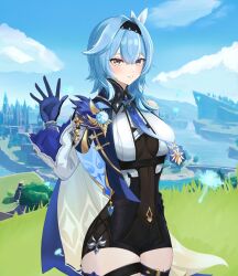 Rule 34 | 1girl, absurdres, black hairband, blue cape, blue gloves, blue necktie, blue sky, breasts, cape, chest harness, clenched teeth, cloud, cowboy shot, dandelion seed, day, eipanguino, eula (genshin impact), genshin impact, gloves, grass, hair between eyes, hair intakes, hair ornament, hairband, hand up, harness, high-waist shorts, highres, long sleeves, looking at viewer, medium breasts, medium hair, necktie, open mouth, outdoors, shorts, sidelocks, sky, solo, teeth, vision (genshin impact), waving, white sleeves, wide sleeves, yellow eyes