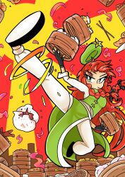 1girl absurdres bamboo_steamer baozi braid character_request chicken_feet_(food) chinese_food chopsticks container dim_sum dumpling food green_eyes hat highres holding hong_meiling peargor red_hair shumai_(food) solo tagme touhou twin_braids two-tone_background