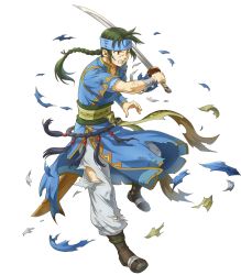 Rule 34 | 1boy, bandages, belt, boots, braid, clenched teeth, fire emblem, fire emblem: the blazing blade, fire emblem heroes, full body, gold trim, green eyes, green hair, guy (fire emblem), headband, highres, holding, holding sword, holding weapon, indesign, leg up, long hair, looking away, male focus, nintendo, non-web source, official art, one eye closed, pants, parted lips, pelvic curtain, short sleeves, single braid, solo, sword, teeth, torn clothes, torn pants, transparent background, weapon