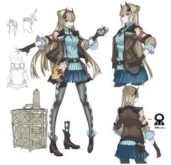 Rule 34 | 1girl, :d, absurdres, artist request, ass, back, belt, black gloves, blonde hair, blue eyes, blue skirt, bomb, boots, breasts, character sheet, explosive, fingerless gloves, full body, gloves, hair bun, hair ornament, hairband, half updo, highres, holding, jacket, long hair, long sleeves, looking at viewer, looking back, medium breasts, multicolored clothes, multicolored legwear, multiple views, official art, open mouth, outstretched arm, pantyhose, pleated skirt, reiley miller, sega, senjou no valkyria (series), senjou no valkyria 4, simple background, single hair bun, skirt, smile, star (symbol), sweater, watch, white background