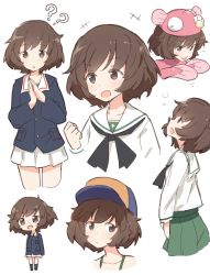 Rule 34 | +++, 10s, 1girl, :o, ?, ??, akiyama yukari, anglerfish, anglerfish costume, bad id, bad pixiv id, baseball cap, black legwear, black neckerchief, blouse, blue hat, blue jacket, brown eyes, brown footwear, brown hair, clenched hand, closed mouth, commentary, coupon (skyth), cropped legs, cropped neck, cropped torso, fish, from side, frown, girls und panzer, green shirt, green skirt, hat, jacket, loafers, long sleeves, looking at viewer, looking up, messy hair, military, military uniform, miniskirt, motion lines, multiple views, neckerchief, ooarai military uniform, ooarai school uniform, open mouth, own hands together, pleated skirt, school uniform, serafuku, shirt, shoes, short hair, skirt, smile, socks, standing, uniform, white background, white shirt, white skirt