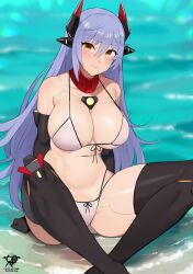 Rule 34 | 1girl, alternate breast size, android, artist name, beach, bikini, black gloves, black thighhighs, blue hair, breasts, closed mouth, commentary, elbow gloves, english commentary, gloves, highres, indian style, kaos art, large breasts, long hair, looking at viewer, navel, on floor, orange eyes, paid reward available, poppi (xenoblade), poppi qtpi (xenoblade), sitting, smile, solo, stomach, string bikini, summer, swimsuit, thighhighs, water, white bikini, xenoblade chronicles (series), xenoblade chronicles 2