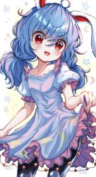 Rule 34 | 1girl, :d, absurdres, animal ears, black pantyhose, blue dress, blue hair, commentary, cowboy shot, crescent moon, crescent print, dress, frilled dress, frills, highres, kayon (touzoku), looking at viewer, low twintails, medium hair, moon, open mouth, pantyhose, pentagram, puffy short sleeves, puffy sleeves, rabbit ears, red eyes, seiran (touhou), short sleeves, smile, solo, standing, star-shaped pupils, star (symbol), star print, symbol-only commentary, symbol-shaped pupils, touhou, twintails
