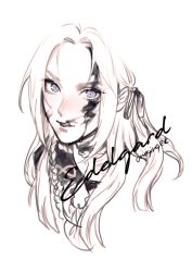 Rule 34 | 1girl, blood, blood on face, character name, edelgard von hresvelg, eyelashes, fire emblem, fire emblem heroes, greyscale, hair ribbon, licking blood, long hair, looking at viewer, monochrome, nintendo, onegingek, portrait, purple eyes, ribbon, signature, simple background, solo, spot color