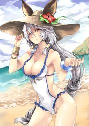 Rule 34 | 10s, 1girl, animal ears, atoshi, bad id, bad pixiv id, bare shoulders, bracelet, breasts, brown hat, cleavage, closed mouth, cloud, cloudy sky, collarbone, covered navel, cowboy shot, day, ears through headwear, erune, flower, frilled swimsuit, frills, granblue fantasy, hair between eyes, hair tubes, hat, hat flower, heles, heles (summer) (granblue fantasy), heterochromia, hibiscus, horizon, jewelry, long hair, looking at viewer, medium breasts, ocean, one-piece swimsuit, orange eyes, outdoors, red eyes, rock, sand, shore, silver hair, sky, smile, solo, standing, sun hat, swimsuit, very long hair, water, waves, white one-piece swimsuit