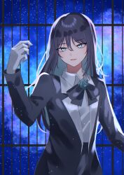 Rule 34 | 1girl, ado (utaite), black bow, black bowtie, black coat, black hair, blue eyes, blue flower, blue hair, blue rose, bow, bowtie, chando (ado), cloud nine inc, coat, collared shirt, colored inner hair, commentary, cowboy shot, english commentary, flower, flower brooch, gloves, hair between eyes, highres, long hair, long sleeves, looking at viewer, mole, mole under eye, multicolored hair, open clothes, open coat, parted lips, rose, shirt, sky, solo, star (sky), starry sky, tsukuno tsuki, two-tone hair, utaite, white gloves, white shirt