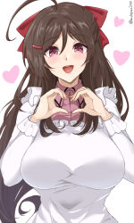 Rule 34 | 1girl, ahoge, apron, blush, breasts, brown hair, chamumi (mochiumee), hair ornament, hair ribbon, hairclip, heart, heart hands, highres, kantai collection, kappougi, large breasts, long hair, long sleeves, looking at viewer, mamiya (kancolle), open mouth, pink shirt, ribbon, shirt, simple background, smile, solo, twitter username, upper body, white background