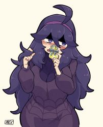 Rule 34 | 1girl, @ @, ahoge, beige background, blush, breasts, chichibu (watson), creatures (company), dress, embarrassed, female focus, game freak, gift, hairband, half-closed eyes, hands up, hex maniac (pokemon), holding, jpeg artifacts, large breasts, long hair, looking away, looking to the side, nintendo, npc trainer, open mouth, pokemon, pokemon xy, purple dress, purple hair, purple hairband, shy, simple background, solo, standing, text focus, translated