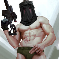 Rule 34 | 1boy, abs, artist name, bara, black male underwear, briefs, call of duty, call of duty: modern warfare 2, covered face, gun, helmet, highres, holding, holding gun, holding weapon, huntang513, konig (call of duty), large pectorals, looking at viewer, male focus, male underwear, mask, muscular, muscular male, navel, nipples, pectorals, scar, scar on stomach, solo, twitter username, underwear, weapon